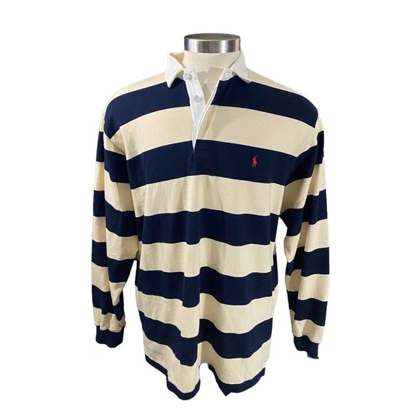 Polo Ralph Lauren Other - Ralph Lauren Polo Men Cream Navy Striped Red Pony Long Sleeve Rugby Polo Sz L